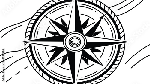 Black and white compass rose with rope border