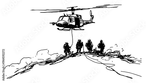 Military helicopter hovering over soldiers on a hill in a hand drawn sketch style