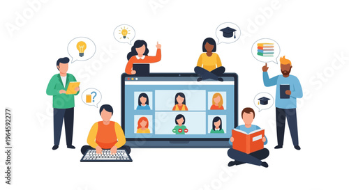 Online Education, E-Learning, and Virtual Classroom Concept. Diverse students and teachers meeting via video conference for remote group study and webinar.