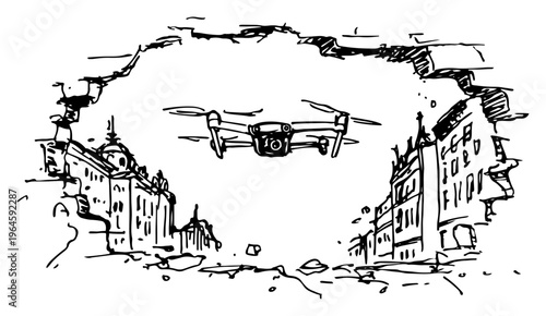 Drone flying through a broken wall into a city landscape in a hand drawn sketch style