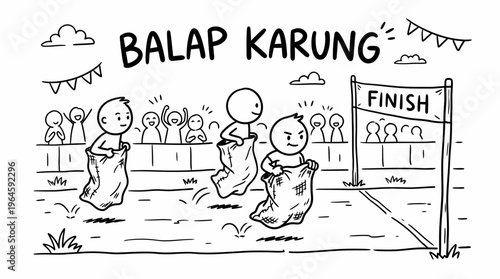 Sack Race Competition, Kids Fun Outdoor Game, Finish Line