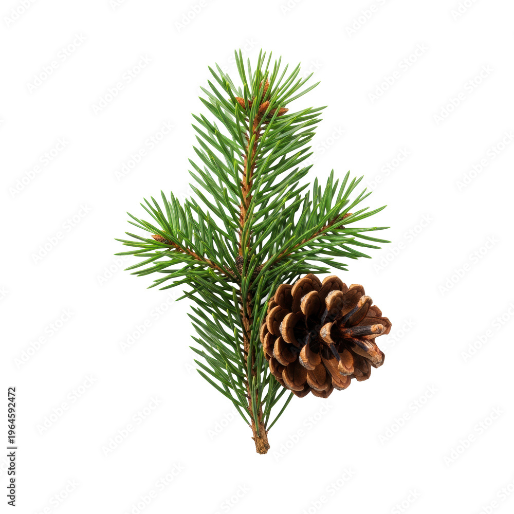 Fototapeta premium Pristine pine branch with vibrant dark-green needles and a detailed brown cone, macro shot against a transparent background with soft shadows, concept of elegant winter nature and holidays