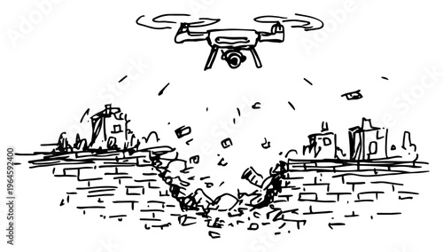 Surveillance drone hovering over broken brick wall in hand drawn sketch style