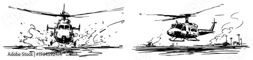 Military helicopters flying during mission in minimalist hand drawn sketch style