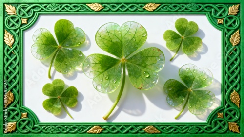 Five green shamrocks with water droplets arranged on a white surface within an ornate green and gold Celtic border