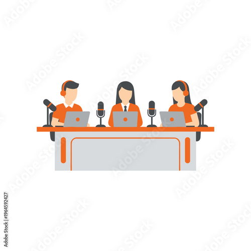 Three people broadcasting radio podcast with microphones and laptops on grey table.