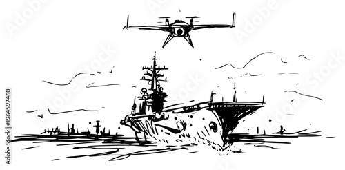 Aircraft carrier ship sailing with drone flying above in hand drawn sketch style