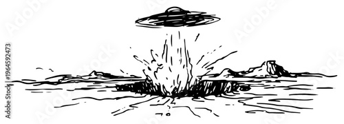 UFO hovering over massive explosion in landscape or water hand drawn sketch style
