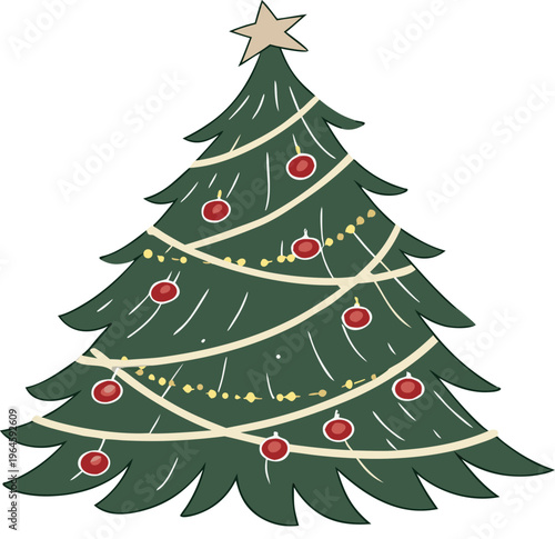 Decorated christmas tree with red ornaments and gold garlands