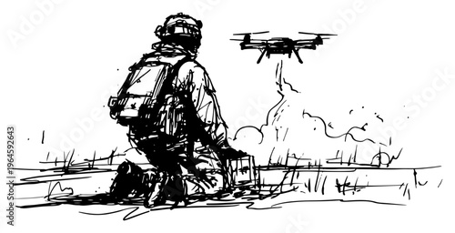 Infantry soldier launching a reconnaissance drone from the ground in a hand drawn sketch style
