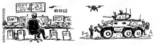 Military armored vehicle and control room operator monitoring drone surveillance mission sketch style