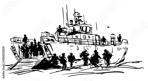 Military landing ship on shore with soldiers disembarking in hand drawn sketch style