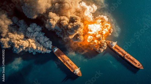 Oil tanker explosion in Strait of Hormuz with massive fire and smoke