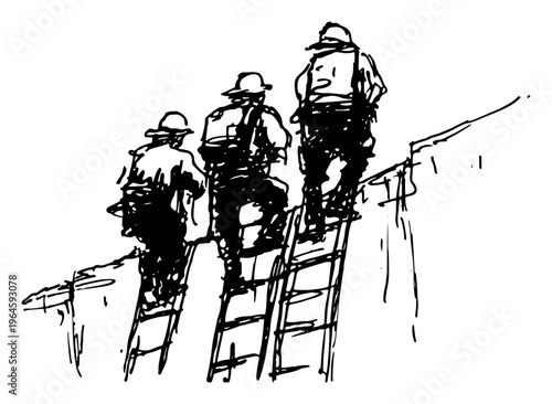 Firefighters climbing ladders during emergency rescue operation in a hand drawn sketch style