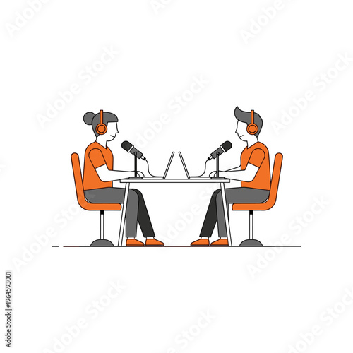 Man and woman recording podcast episode facing each other across table with microphones.