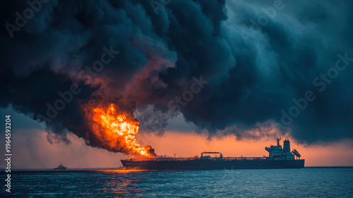 Burning oil tanker at sea with massive smoke plume and fire