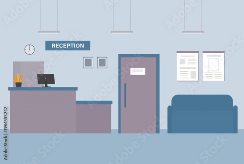 hospital waiting room interior with reception desk and blue sofa
