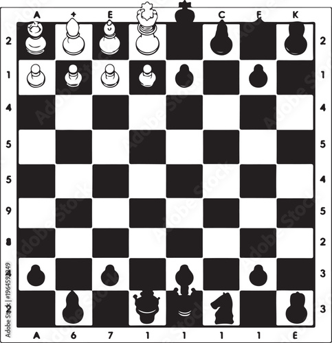 Chess board, black and white checkered game board, chess pieces, strategy game, vector illustration