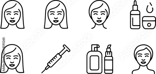 Cosmetology and Beauty Treatment Icon Set — Facial Rejuvenation, Skin Care Procedures, Anti-Aging Therapy, Injection and Contouring Symbols, Medical Aesthetic Wellness Linear Vector Illustration