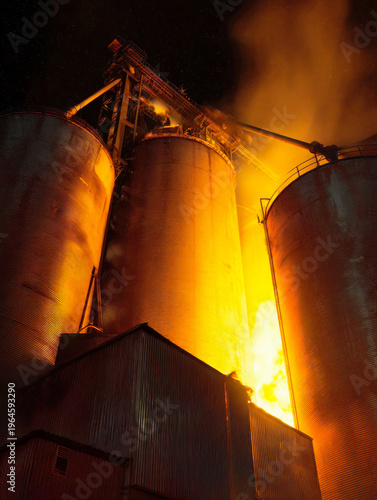 Industrial storage silos fire at refinery plant during night explosion