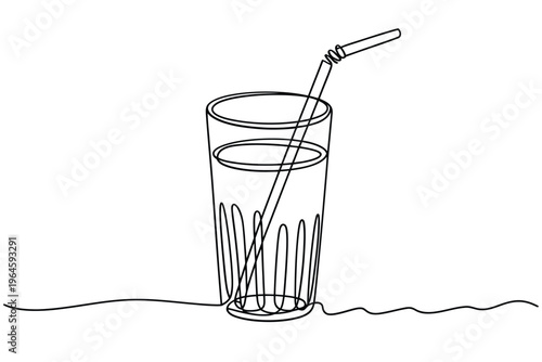 A continuous line drawing of a glass of water with a straw