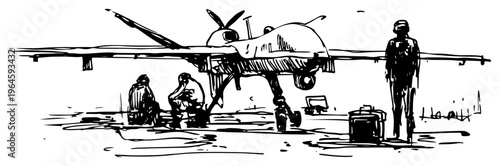 Large military reconnaissance drone on runway with ground crew in a hand drawn sketch style