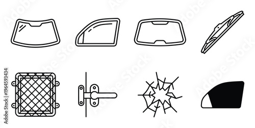 Automotive glass and window repair icons collection featuring windshield wiper and car door hardware