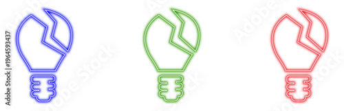 Set of three colorful neon broken light bulb icons symbolizing failed ideas, bad ideas, or lack of inspiration against a white background, vector illustration.