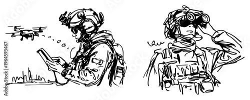 Soldier operating surveillance drone and soldier using binoculars in a hand drawn sketch style