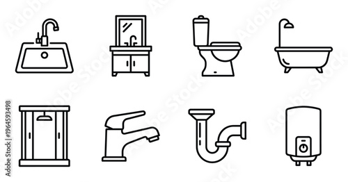 Bathroom plumbing fixtures and sanitary ware icons including toilet and bathtub with shower cabin