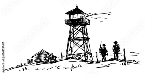 Observation tower and small cabin with figures in rural landscape black and white sketch
