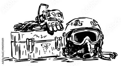 Tactical helmet and flight mask with gloves on equipment crate black and white sketch
