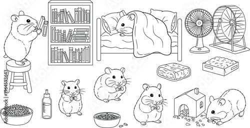 Cute hamster home life vector set with sleeping, reading, feeding and cage elements, cartoon outline illustration collection