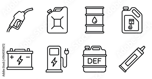 Collection of automotive service and fuel icons, simple line art vector graphics