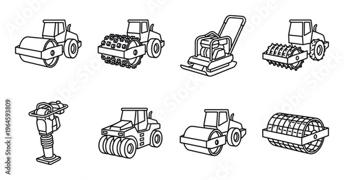 Construction equipment and road rollers, line art vector icons for industry and engineering