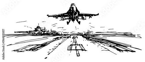 Military fighter jet taking off from an airfield runway in a hand drawn sketch style