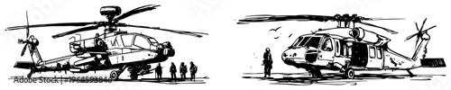 Military attack and utility helicopters parked on the ground in a hand drawn sketch style