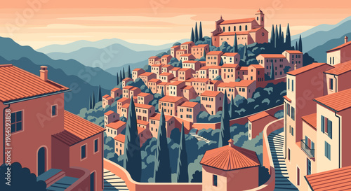 Mediterranean hillside town with cypress trees and warm sunset tones