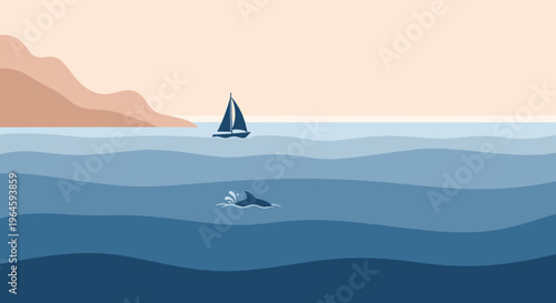Minimal ocean seascape with dolphin and sailboat in blue waves