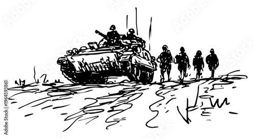 Main battle tank advancing with group of soldiers in a hand drawn sketch style