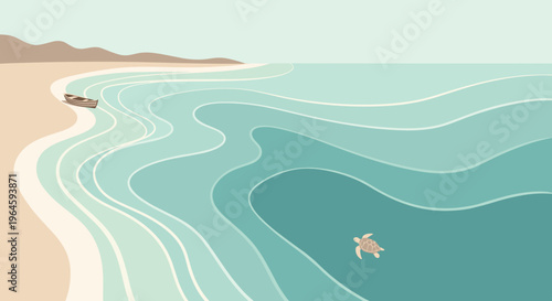 Aerial coastline with sea turtle and layered turquoise ocean waves