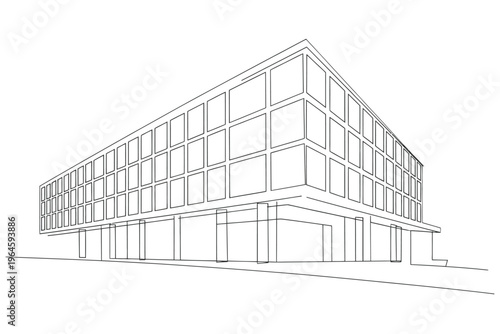 Architectural sketch of a modern building with a grid like facade