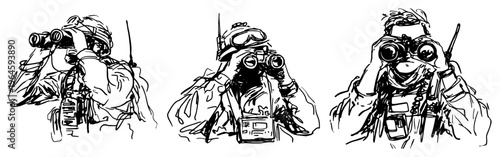 Soldiers using binoculars for surveillance and scouting in a hand drawn sketch style