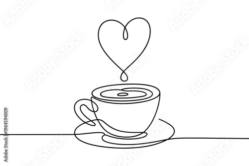 Minimalist line drawing of a coffee cup with a heart shaped steam