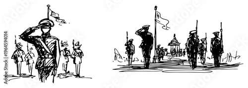 Military officers saluting during memorial ceremony or parade in hand drawn sketch style