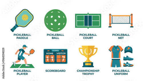 Pickleball sport icons and equipment illustrations.