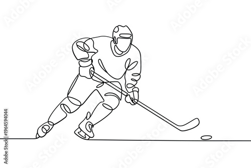 Continuous line drawing of a hockey player in action