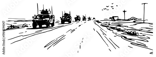 Military convoy of armored vehicles driving on highway in hand drawn ink sketch style
