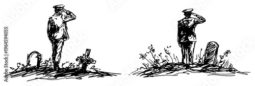 Soldier saluting at military grave in cemetery for memorial tribute in sketch style