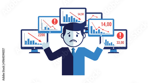Overwhelmed businessman with multiple computer screens.